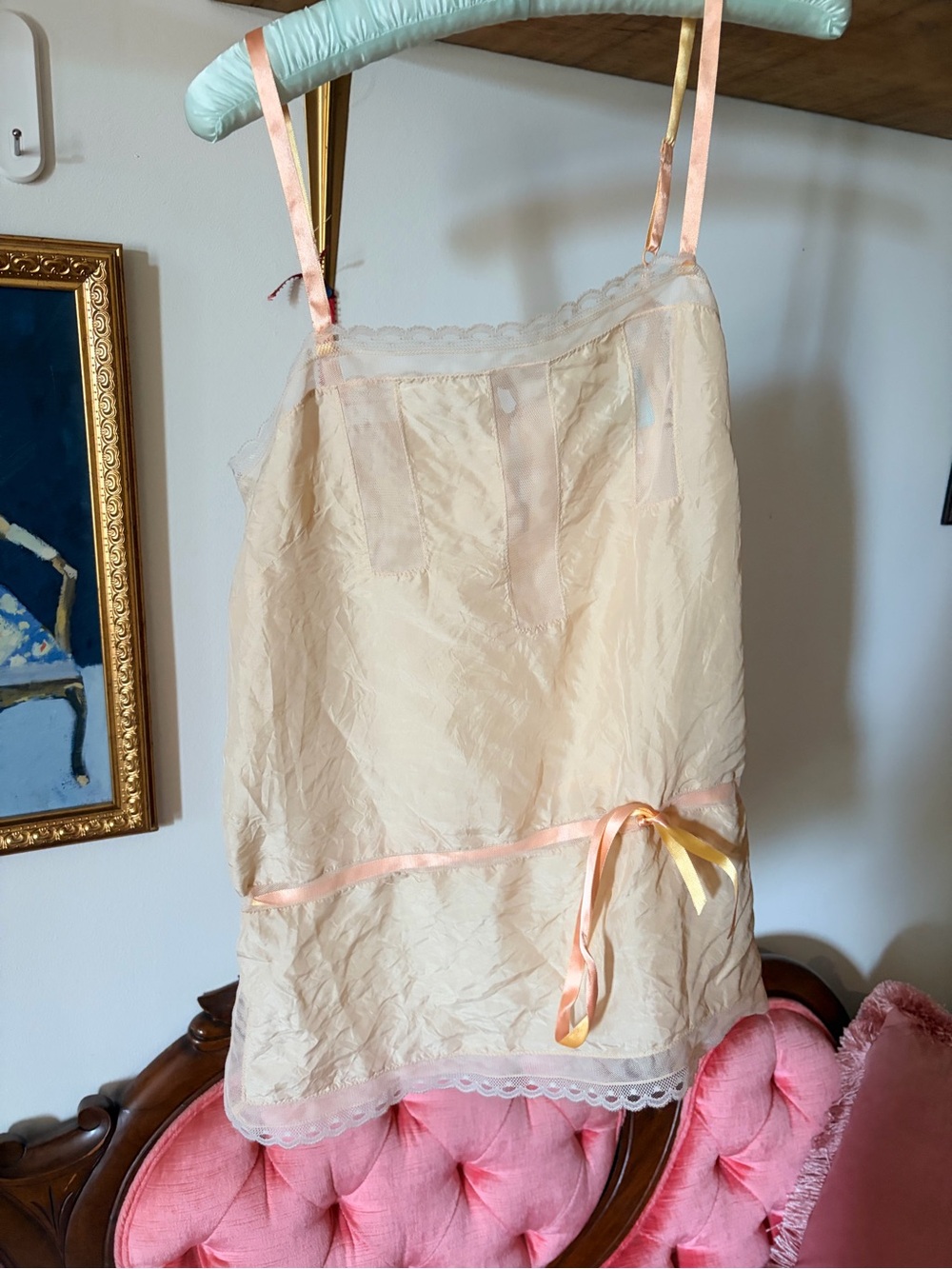 Silk Cream Lace Trim Cami with Peach Ribbon